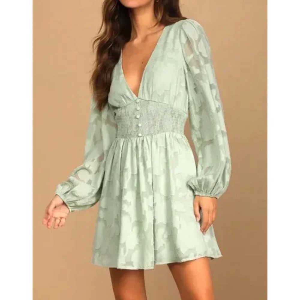 LULU’S Tomorrow and Always Light Sage Green Burnout Floral Mini Dress L - Picture 14 of 15
